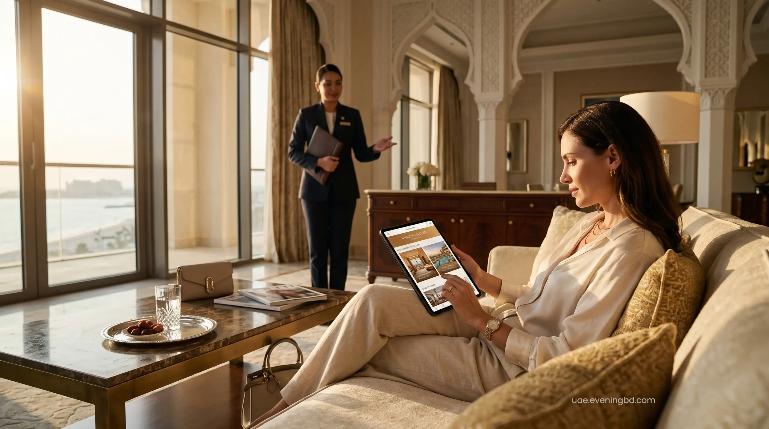 Elite VIP concierge assisting a guest with a premium booking inside a Burj Al Arab luxury suite