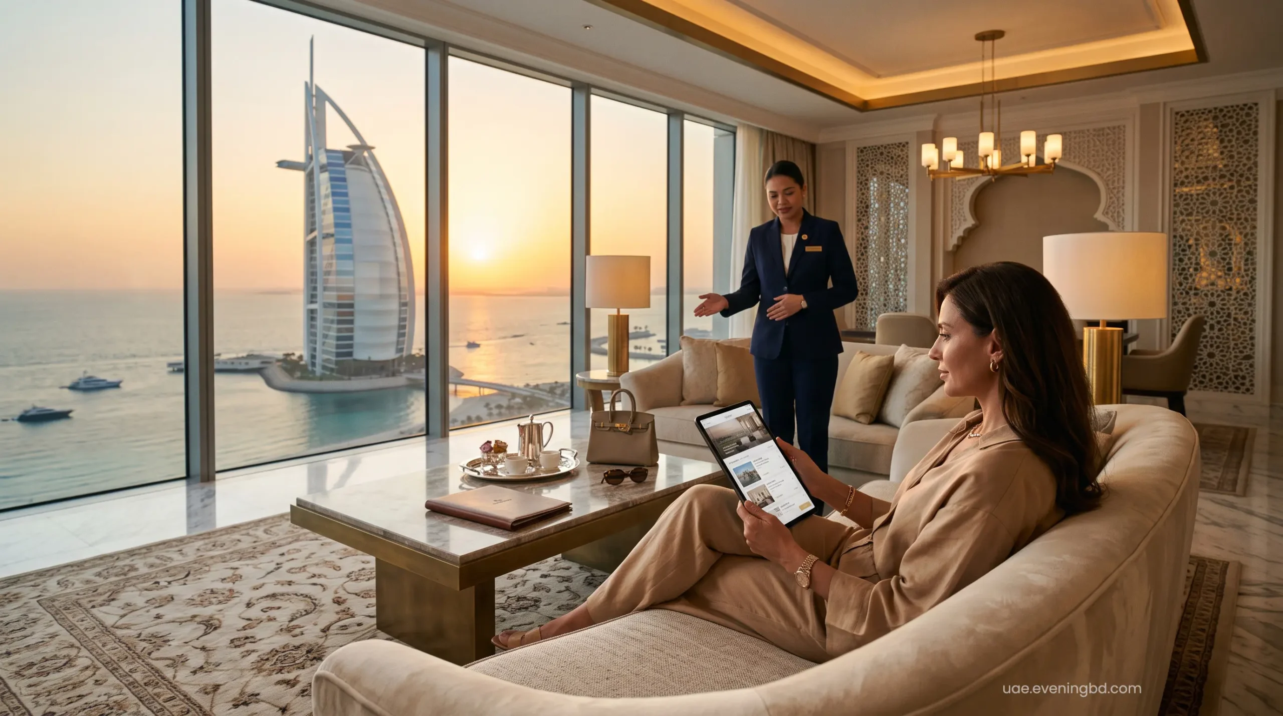 High-net-worth traveler making exclusive reservations in a Dubai 7-star hotel luxury suite