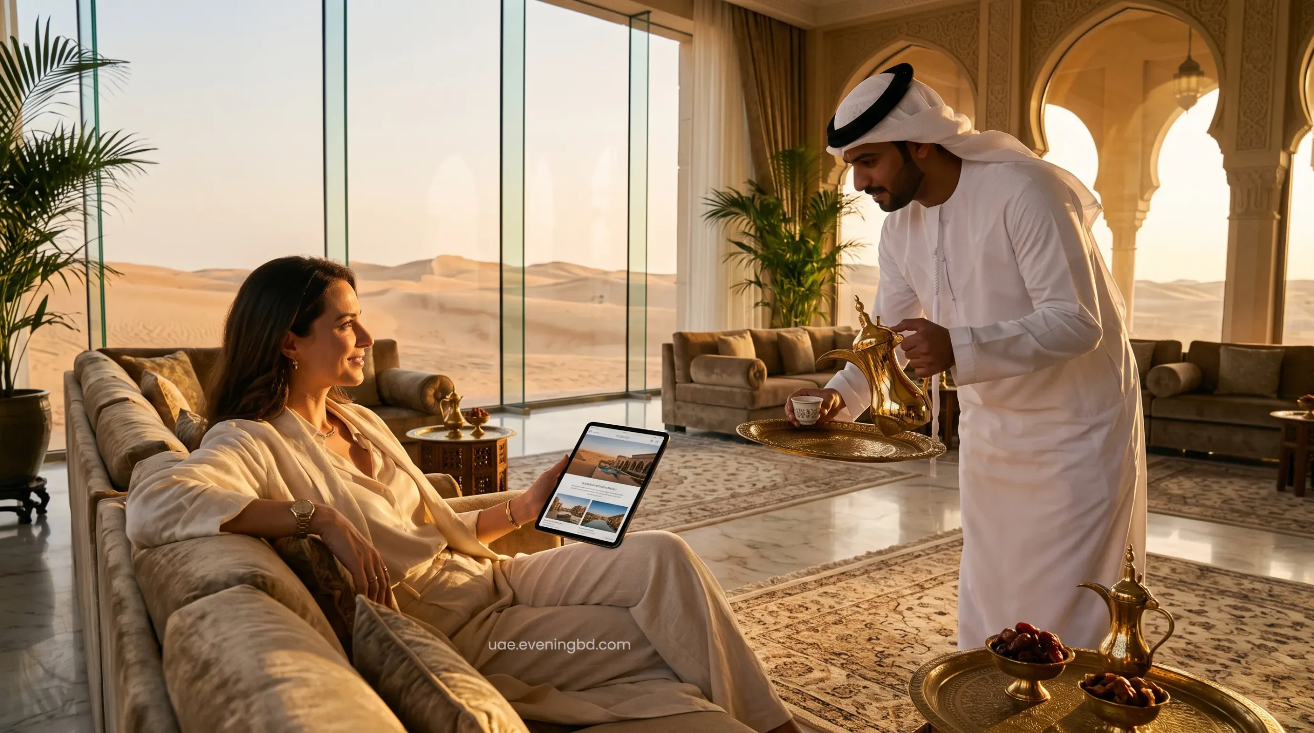 Elite VIP concierge arranging premium reservations in a luxury Abu Dhabi desert resort lounge