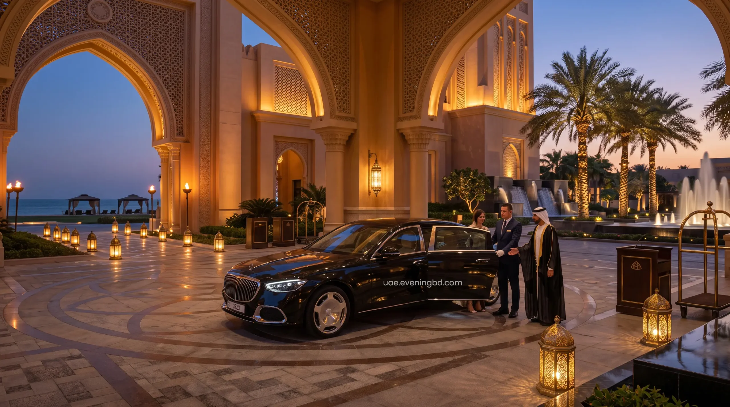 Luxury chauffeur providing premium UAE airport transfers to a 7-star resort