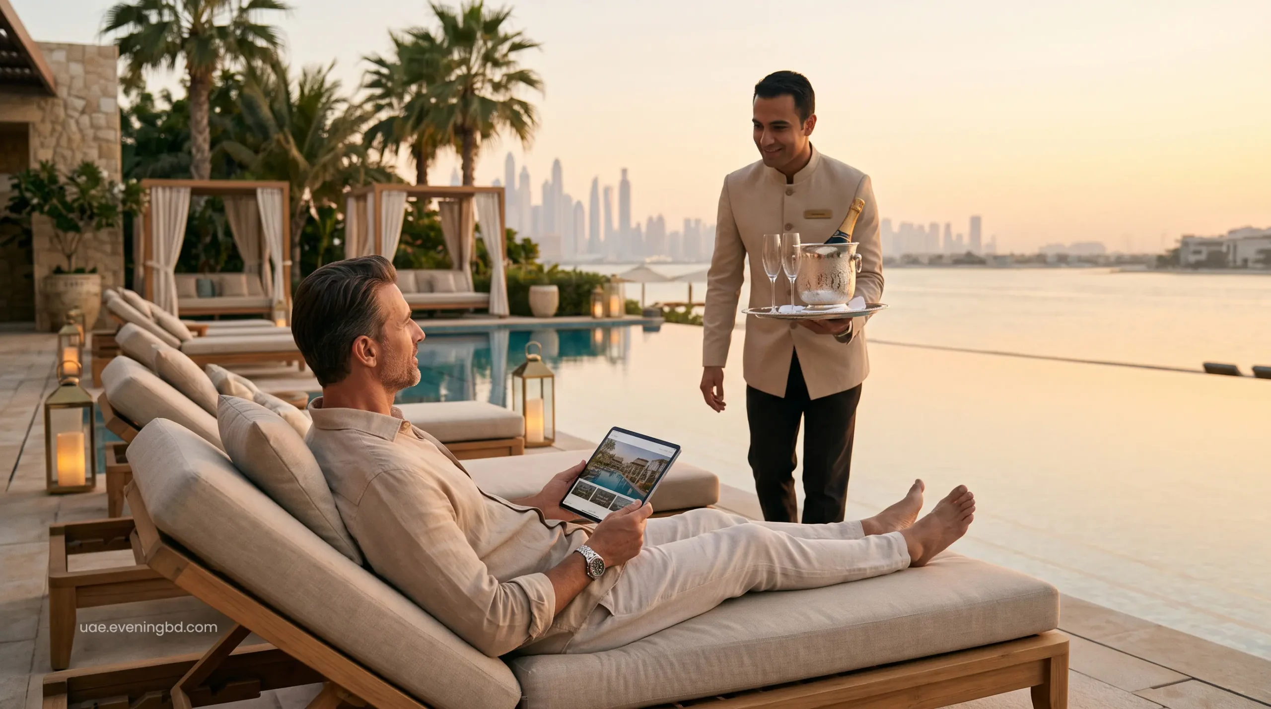 Elite VIP concierge arranging luxury packages at a Dubai beachfront private villa
