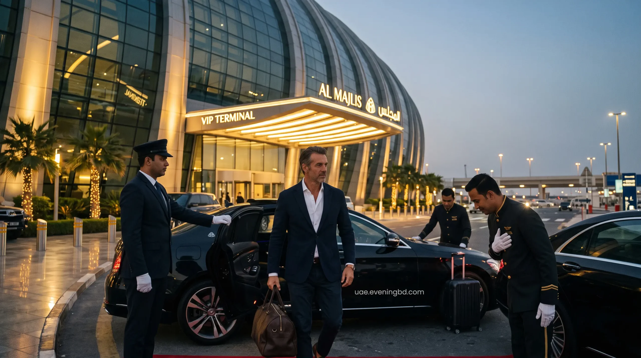 Premium business class airport transfers and luxury chauffeur arrival at Dubai VIP terminal